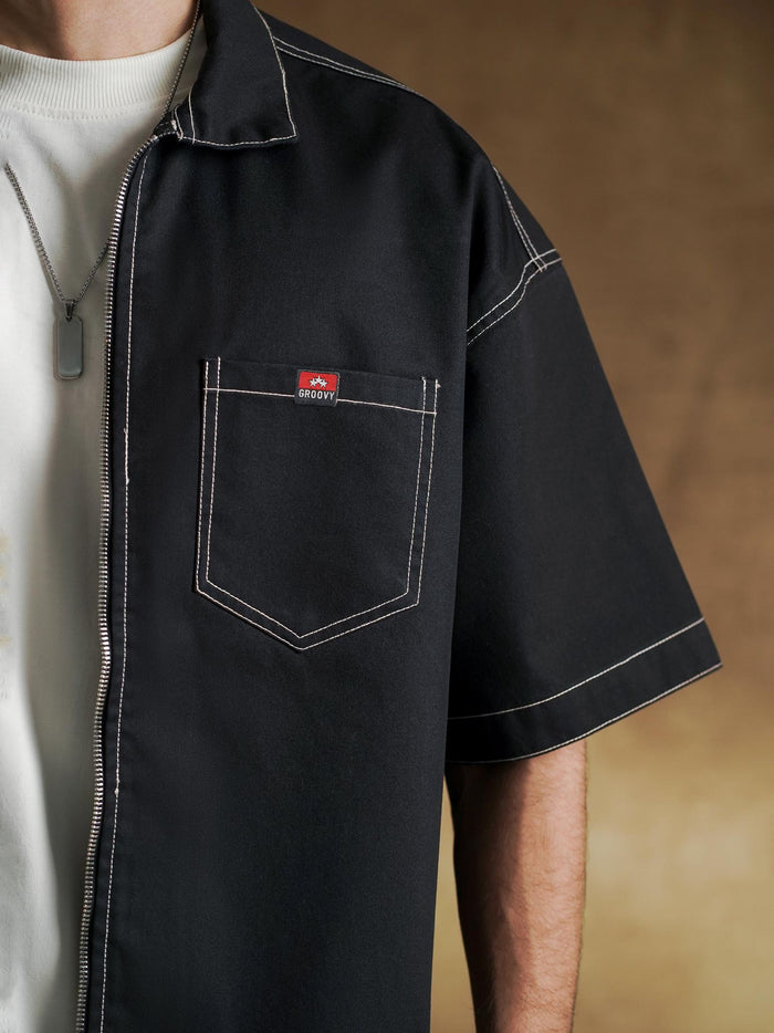 Twin patch pockets on black zip front shirt - GROOVY Pakistan