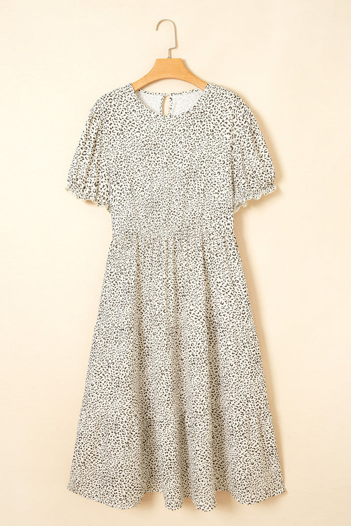 Beige Plus Size Leopard Print Frill Trim Short Sleeve Flared Dress - Size/Plus Dresses/Plus Midi Dresses