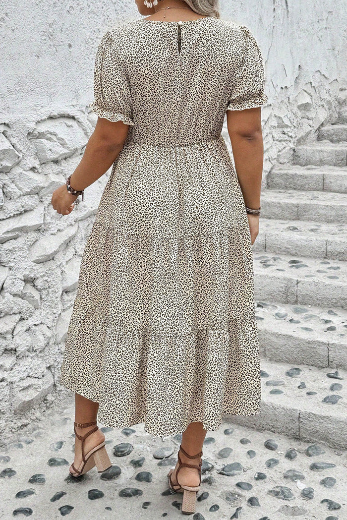 Beige Plus Size Leopard Print Frill Trim Short Sleeve Flared Dress - Size/Plus Dresses/Plus Midi Dresses