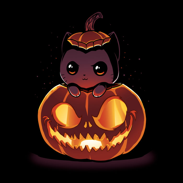 Classic Cotton T-shirt_TeeTurtle black Pumpkitten. Featuring a cat popping out of a spooky jack-o-lantern pumpkin.