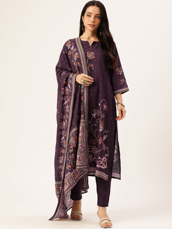 Purple Floral Printed Regular Kurta with Trouser & Dupatta, kurta set, Kurta with Trouser & Dupatta, floral printed kurta set