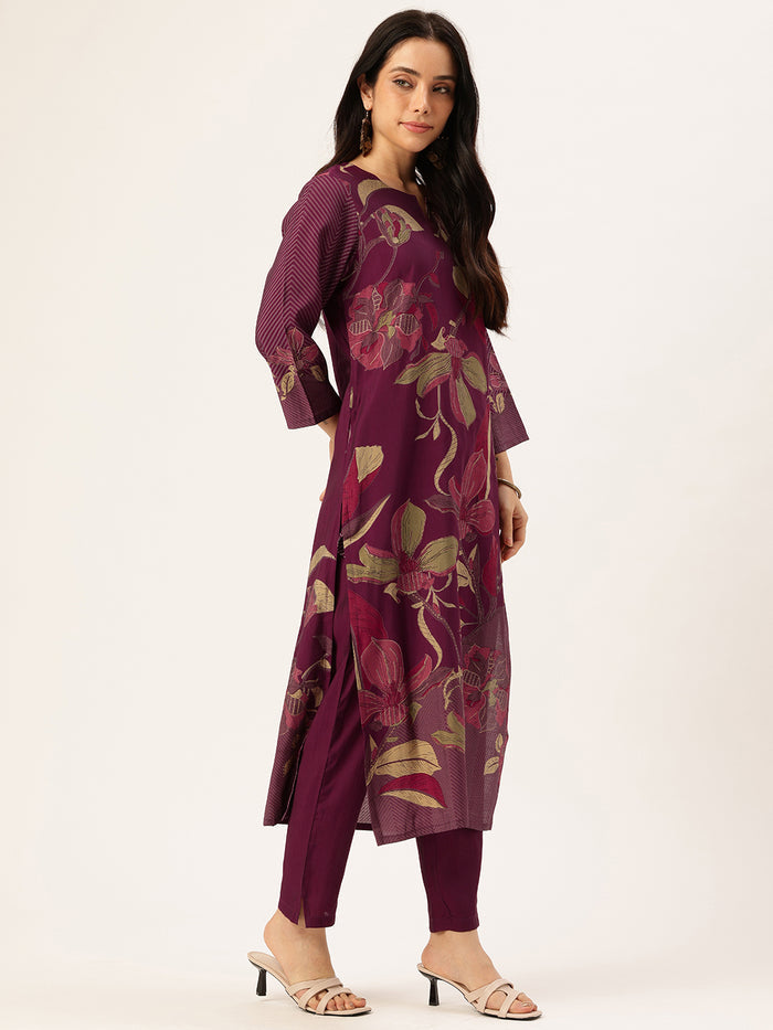 Purple Floral Printed Regular Kurta with Trouser & Dupatta, kurta set, Kurta with Trouser & Dupatta, floral printed kurta set