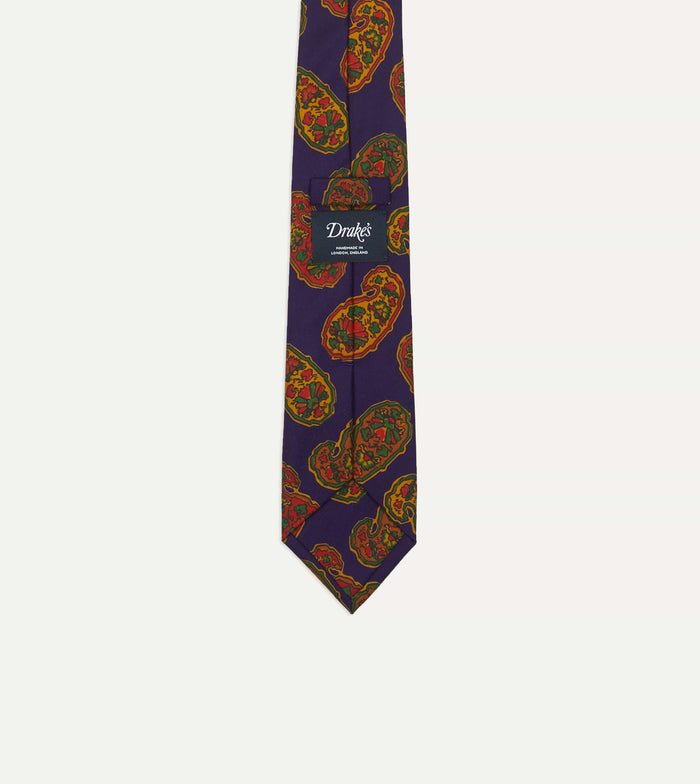 Purple Large Paisley Print Silk Self Tipped Tie