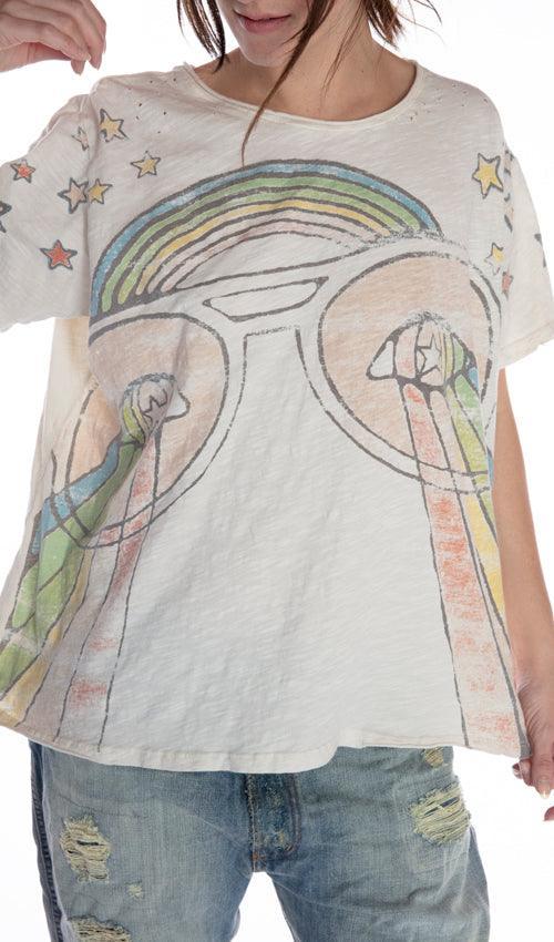 Magnolia Pearl artisan top with whimsical rainbow and stars, vintage distressed denim jeans