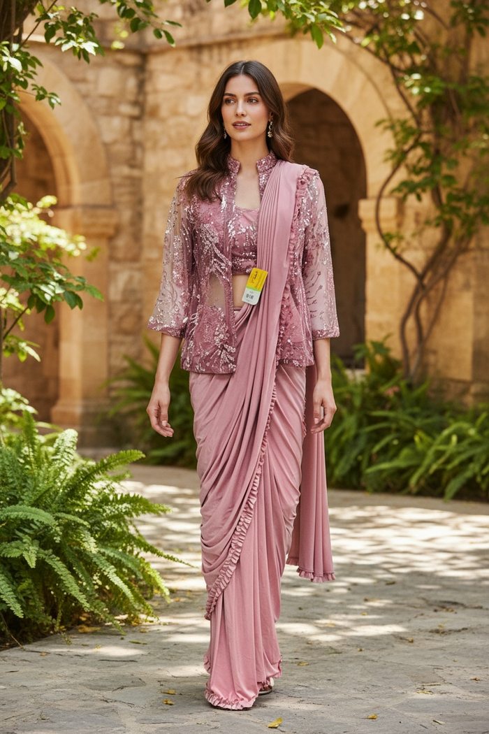Readymade saree / pre stitched saree with blouse and jacket by Kurti Connection USA