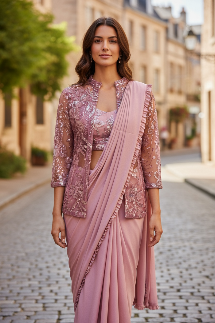 Readymade saree / pre stitched saree with blouse and jacket by Kurti Connection USA
