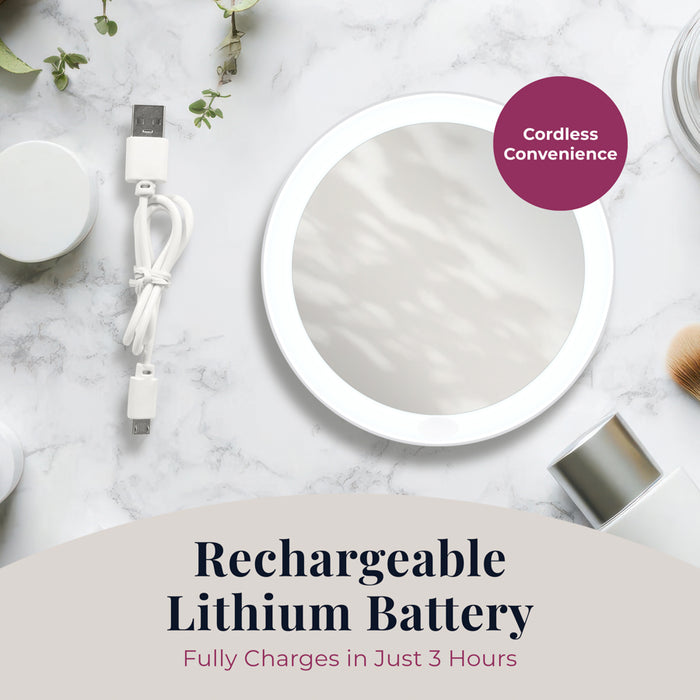 Zadro LVARTR3M 705004424820 environment photo front view with charger on countertop with specs, rechargeable led lighted compact mirror with magnification - new in front of a real life setting
