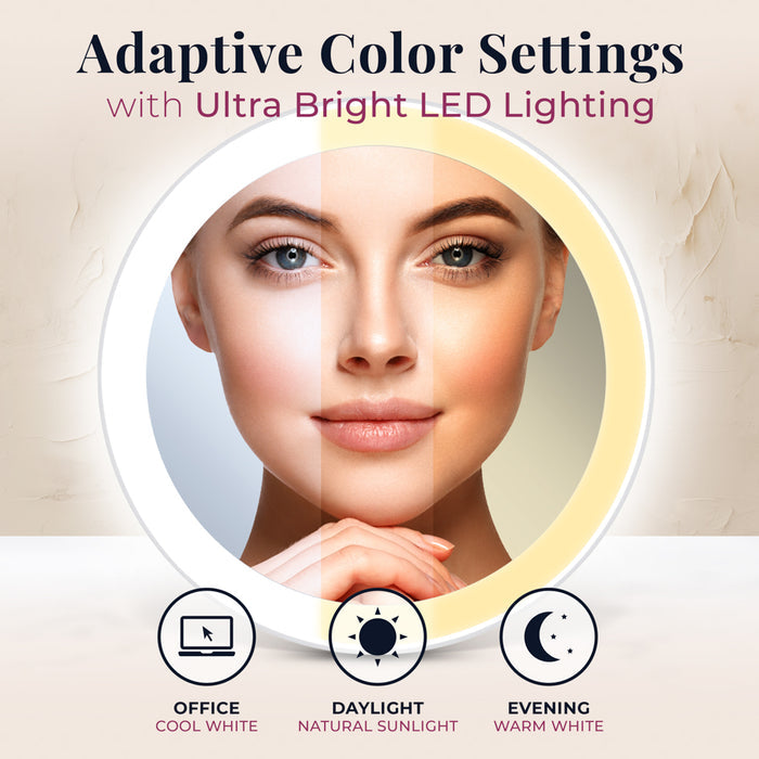 Zadro LVARTR3M 705004424820 environment photo front veiw with model in the reflection showing three-color light options, rechargeable led lighted compact mirror with magnification - new in front of a real life setting