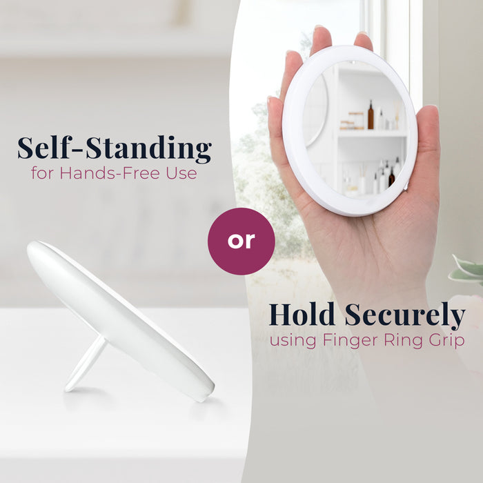 Zadro LVARTR3M 705004424820 environment photo grid view with user holding mirror and product resting on countertop with adjustable stand, rechargeable led lighted compact mirror with magnification - new in front of a real life setting