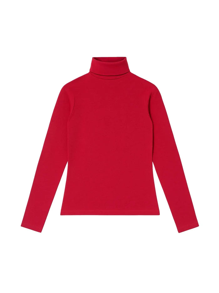 Red Cotton Blend Roll Neck Top