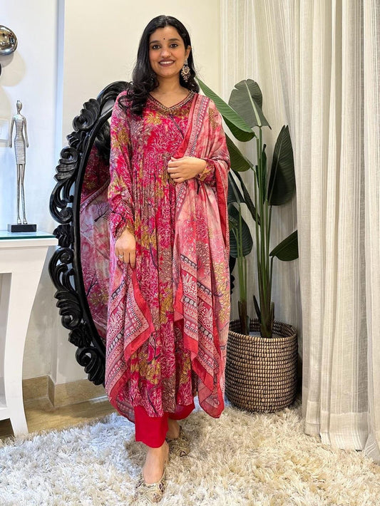 Red Floral Forest Anarkali Set
