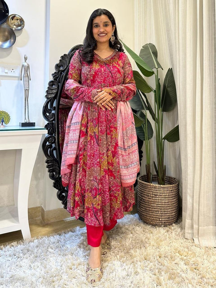 Red Floral Forest Anarkali Set