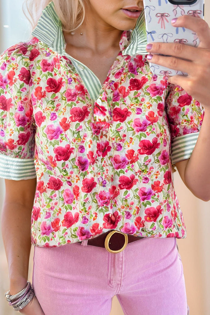 Red Floral Print Striped Patchwork Collared Short Sleeve Blouse - S / 100% Polyester - Tops/Blouses & Shirts
