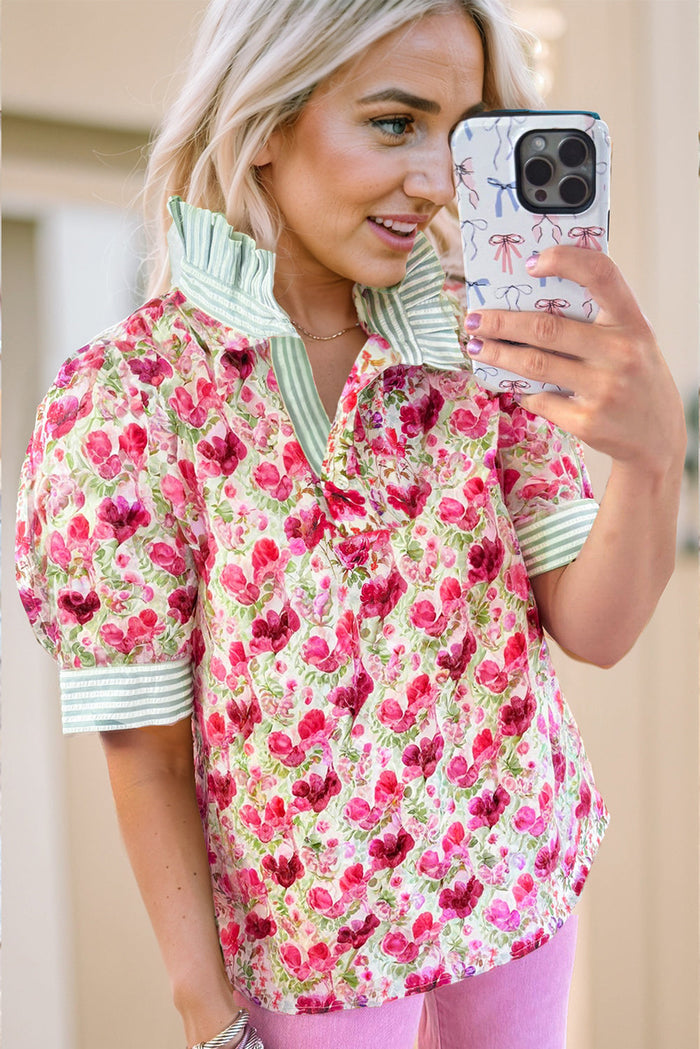 Red Floral Print Striped Patchwork Collared Short Sleeve Blouse - Tops/Blouses & Shirts