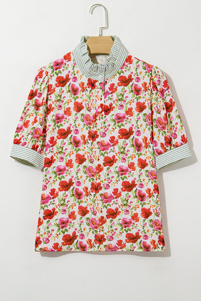 Red Floral Print Striped Patchwork Collared Short Sleeve Blouse - Tops/Blouses & Shirts