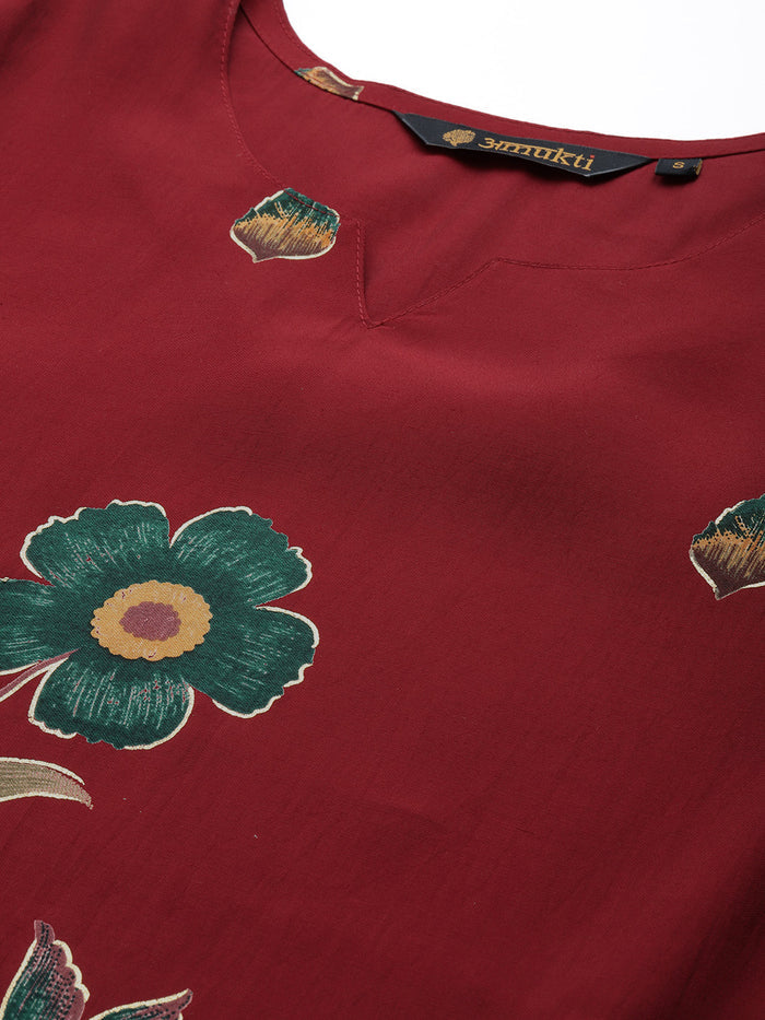 Red Floral Printed Regular Kurta with Trouser & Dupatta, kurta set, Kurta with Trouser & Dupatta, floral printed kurta set