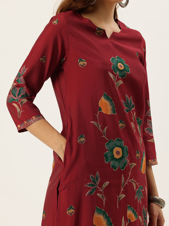 Red Floral Printed Regular Kurta with Trouser & Dupatta, kurta set, Kurta with Trouser & Dupatta, floral printed kurta set