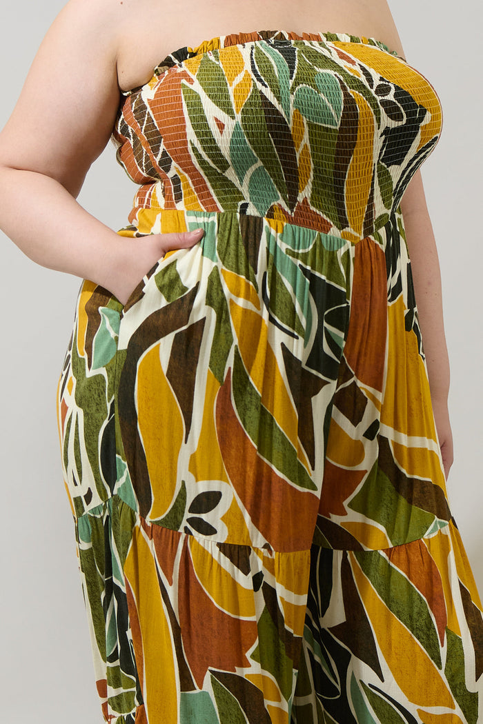 Renia Tropical Eve Strapless Smocked Jumpsuit Curve