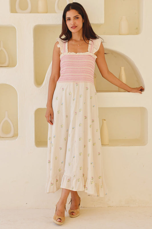Rhianna Embroidered Flutter Sleeve Dress | Ecru/Multi