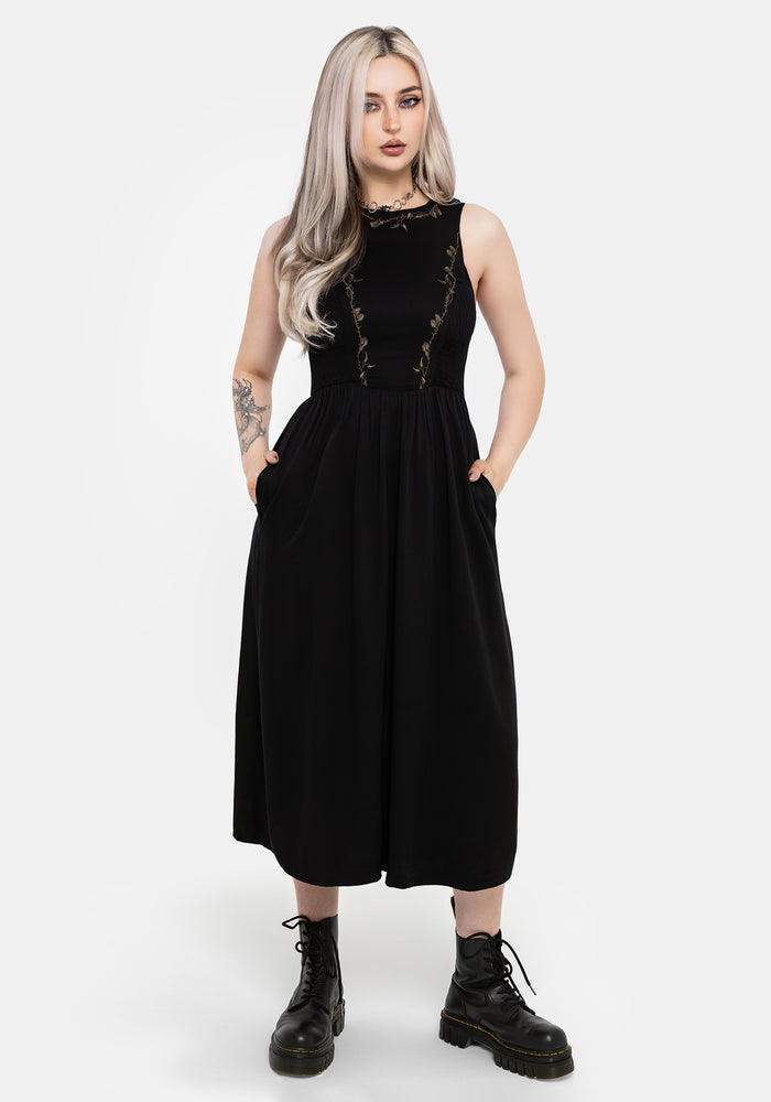 Rootweave Embroidered Shirred Side Midi Dress