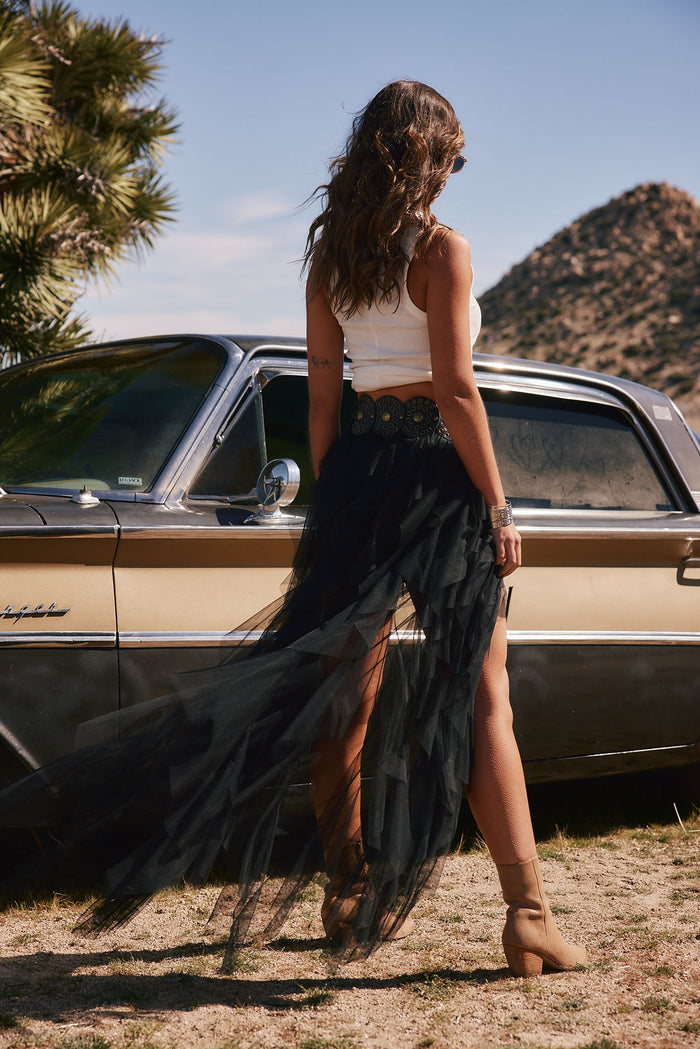 Close-up of the Rosalie Rock Black Tulle Maxi Skirt showcasing the tulle texture and craftsmanship.