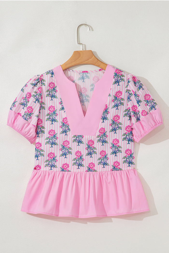 Rose Floral Striped Print Contrast Patchwork Ruffle Hem Blouse - S - Tops/Blouses & Shirts