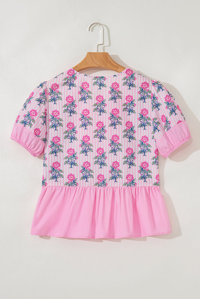 Rose Floral Striped Print Contrast Patchwork Ruffle Hem Blouse - Tops/Blouses & Shirts