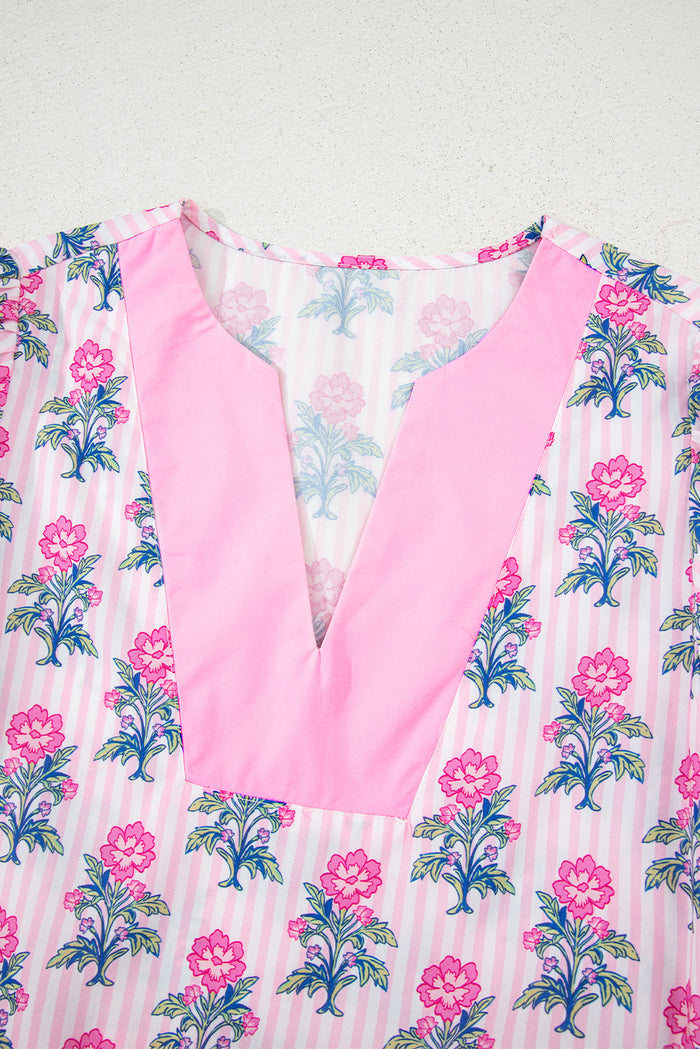Rose Floral Striped Print Contrast Patchwork Ruffle Hem Blouse - Tops/Blouses & Shirts