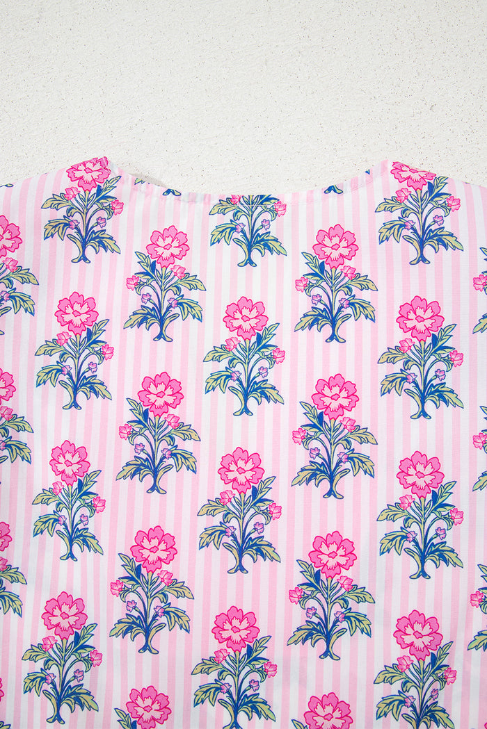 Rose Floral Striped Print Contrast Patchwork Ruffle Hem Blouse - Tops/Blouses & Shirts