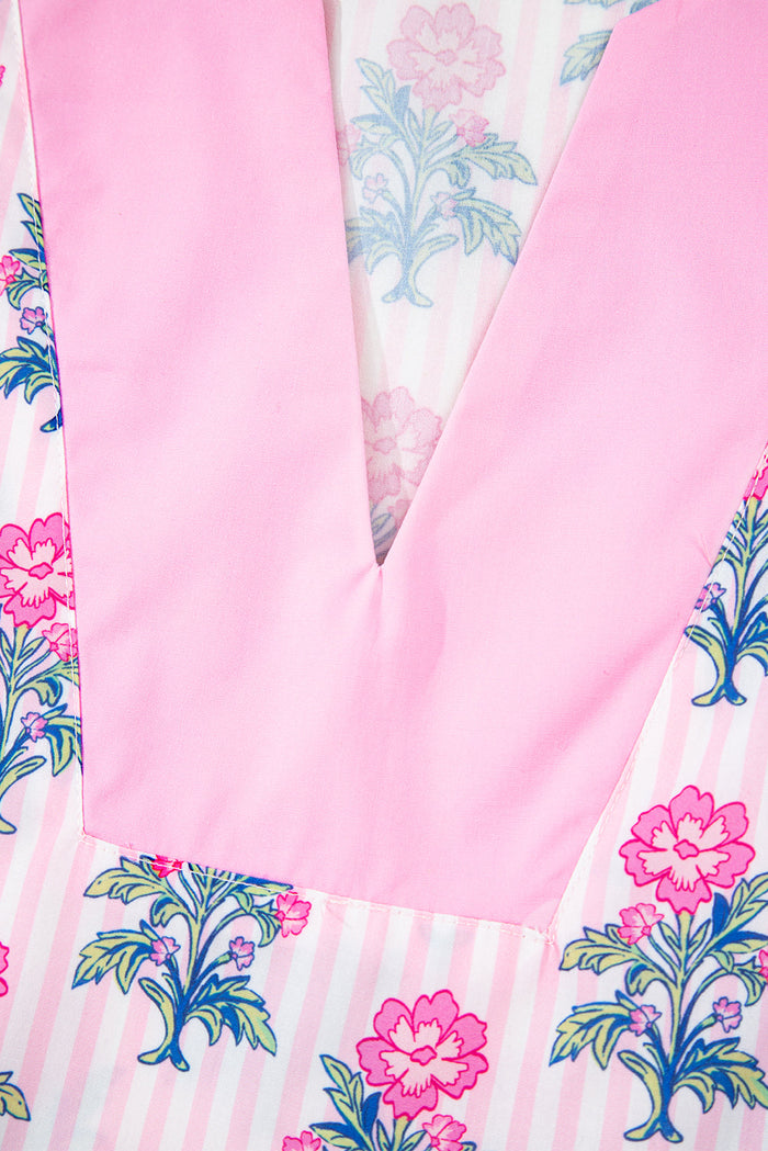 Rose Floral Striped Print Contrast Patchwork Ruffle Hem Blouse - Tops/Blouses & Shirts