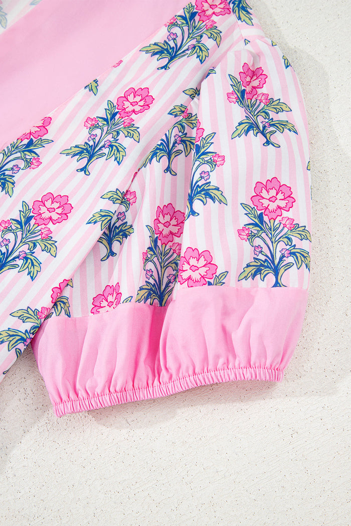 Rose Floral Striped Print Contrast Patchwork Ruffle Hem Blouse - Tops/Blouses & Shirts