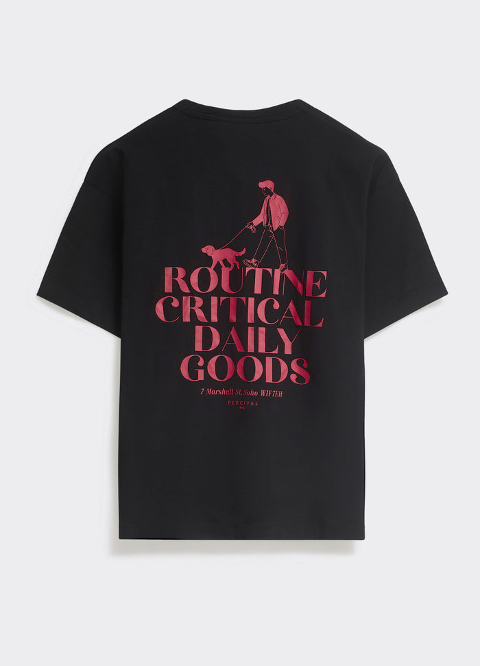 The Percival Routine T-shirt in black, featuring a red graphic of a person walking a dog and bold text on the back.