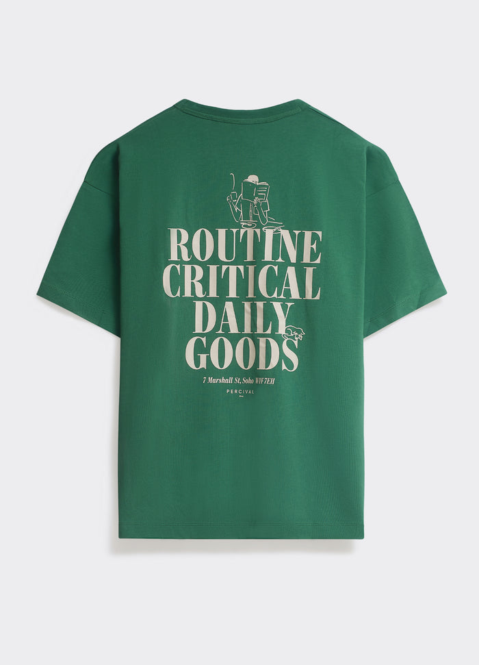 The green Percival Routine T-shirt, a jersey tee with a 'Routine Critical Daily Goods' back graphic, shown flat.