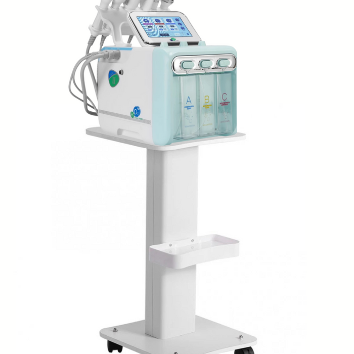 Hydrafacial Machine sits on White Salon Trolley Rolling Cart