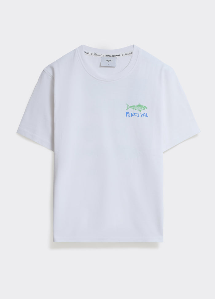 The Percival Sardines T-shirt in optic white cotton jersey, featuring a green fish chest graphic, shown flat.