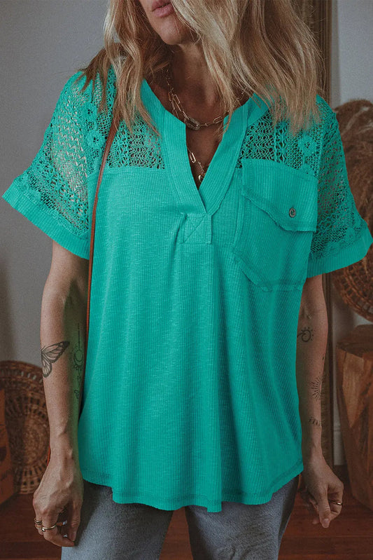 Sea Green Lace Patchwork Split Neck Textured Short Sleeve Blouse - S / 100% Polyester - Tops/Blouses & Shirts