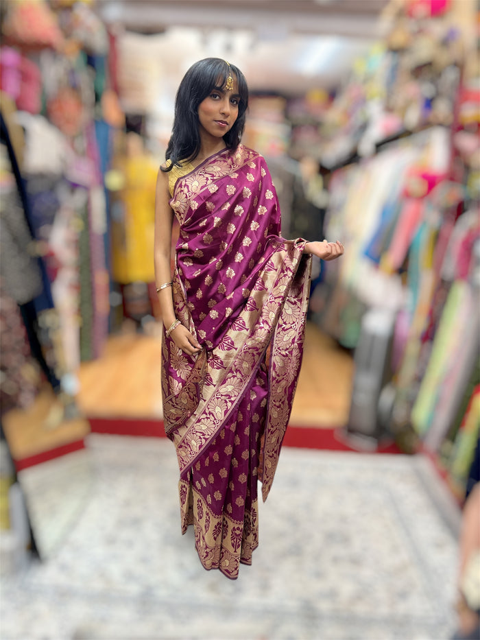 Silk Banarasi Deep Berry Purple / Wine With Gold Zari Floral Border Saree