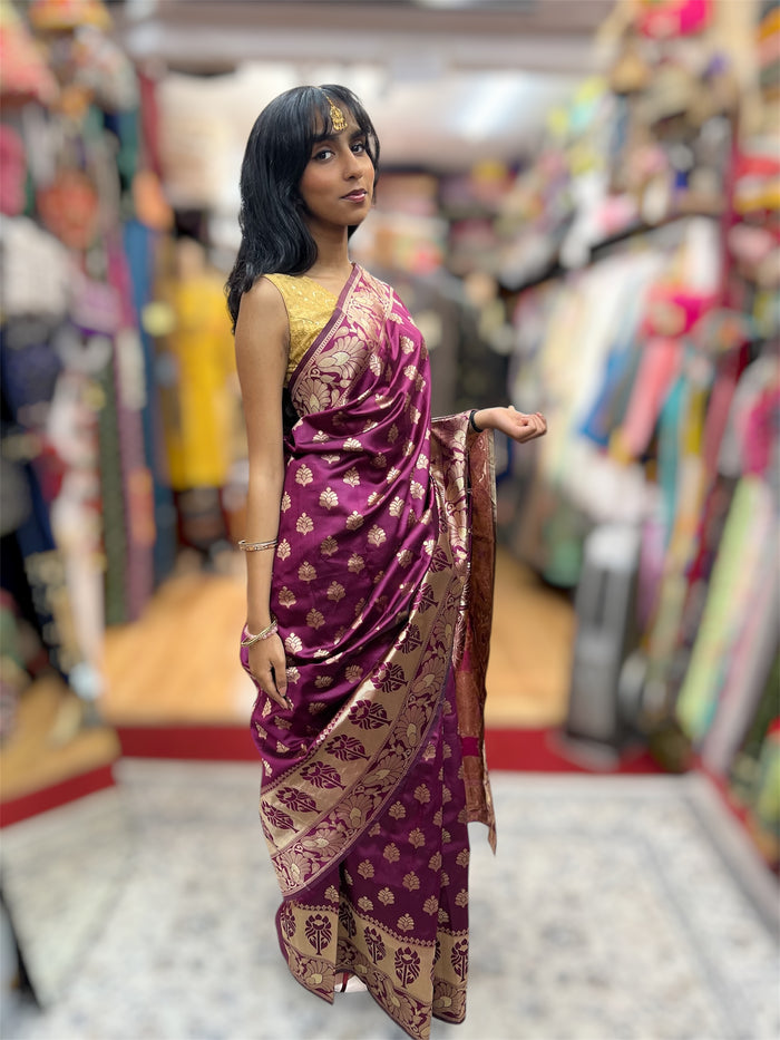 Silk Banarasi Deep Berry Purple / Wine With Gold Zari Floral Border Saree