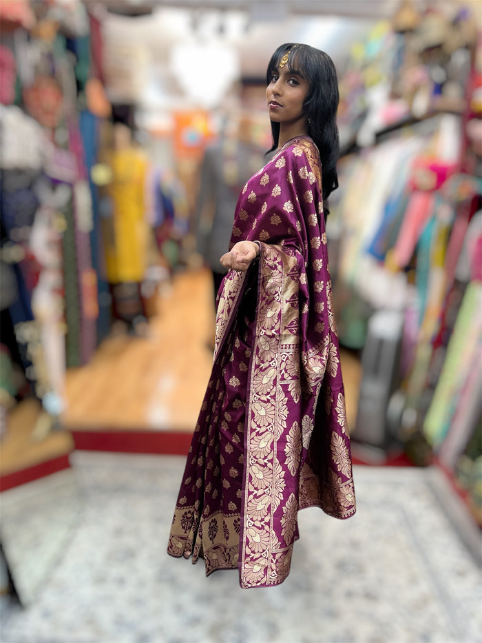 Silk Banarasi Deep Berry Purple / Wine With Gold Zari Floral Border Saree