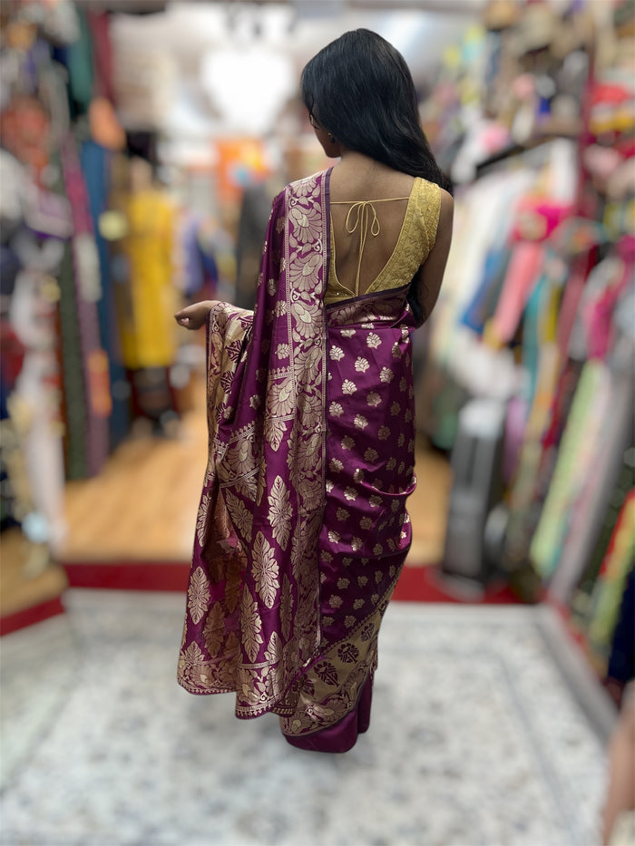Silk Banarasi Deep Berry Purple / Wine With Gold Zari Floral Border Saree