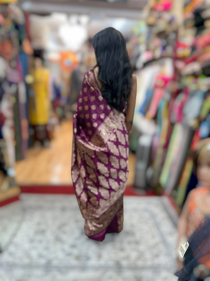Silk Banarasi Deep Berry Purple / Wine With Gold Zari Floral Border Saree