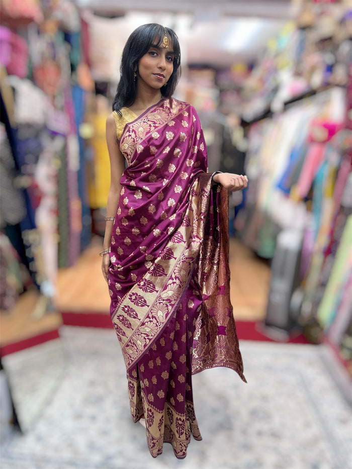 Silk Banarasi Deep Berry Purple / Wine With Gold Zari Floral Border Saree