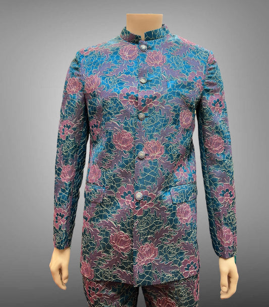 Silk Floral Embroidered Iridescent Ocean Blue & Pink Short Jacket / Bandhgala / Jodhpuri