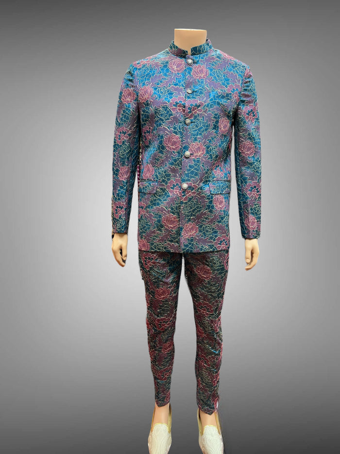 Silk Floral Embroidered Iridescent Ocean Blue & Pink Short Jacket / Bandhgala / Jodhpuri