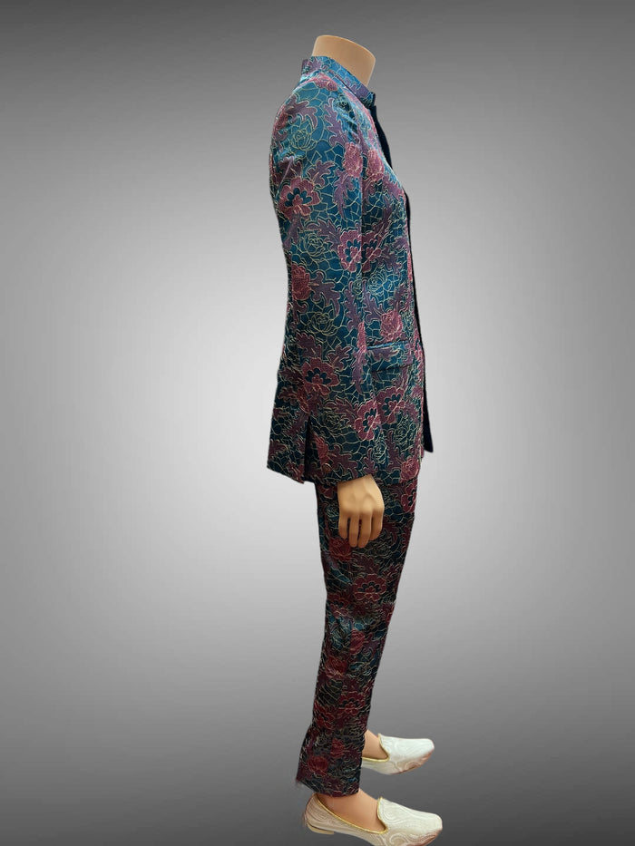 Silk Floral Embroidered Iridescent Ocean Blue & Pink Short Jacket / Bandhgala / Jodhpuri