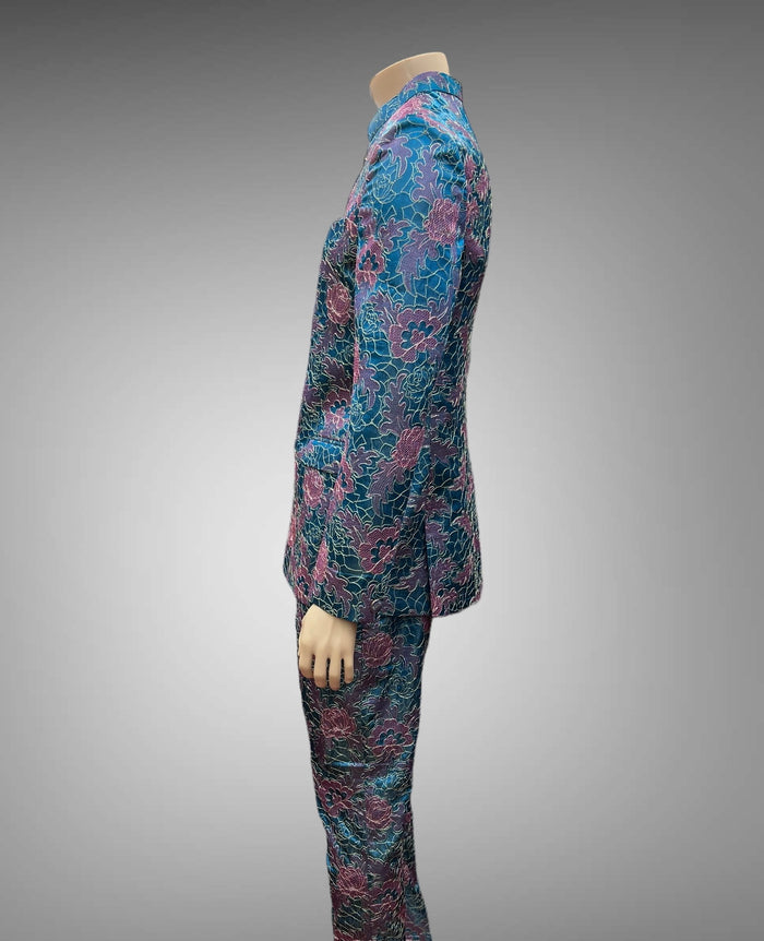 Silk Floral Embroidered Iridescent Ocean Blue & Pink Short Jacket / Bandhgala / Jodhpuri