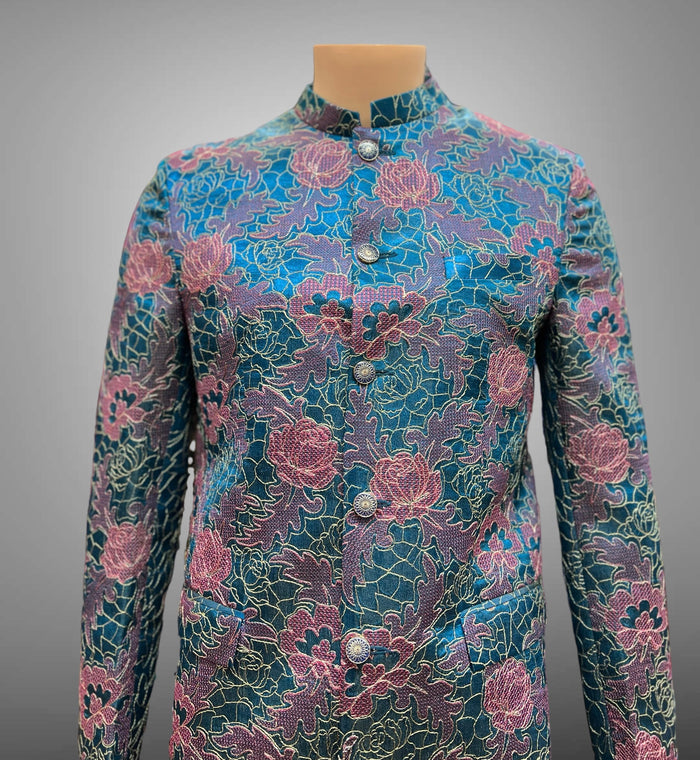 Silk Floral Embroidered Iridescent Ocean Blue & Pink Short Jacket / Bandhgala / Jodhpuri