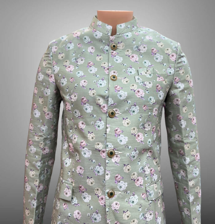 Silk Floral Printed Laurel Green Short Jacket / Bandhgala / Jodhpuri