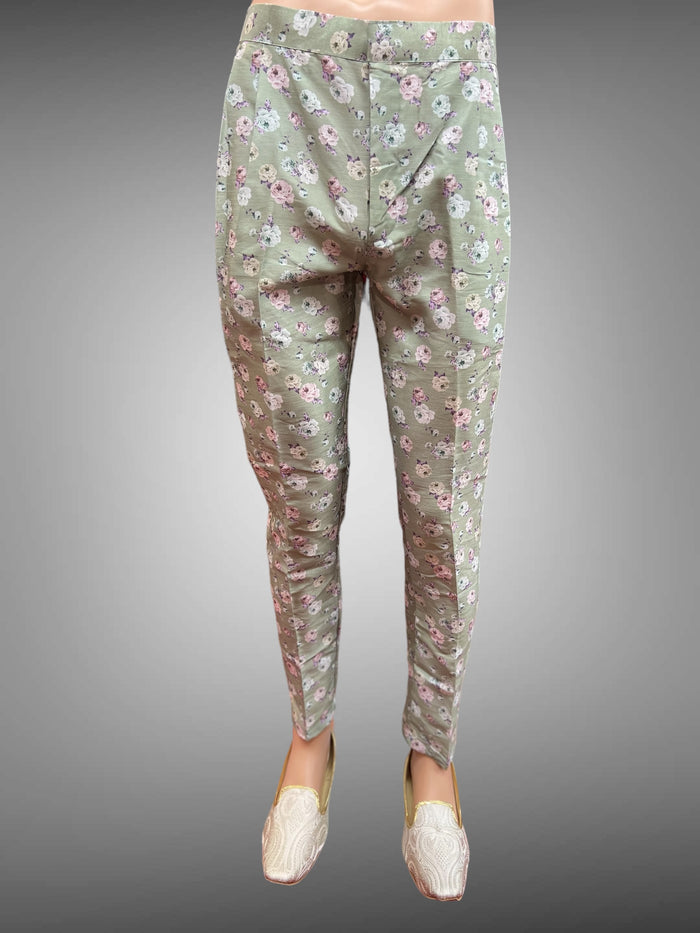 Silk Floral Printed Laurel Green Short Jacket / Bandhgala / Jodhpuri