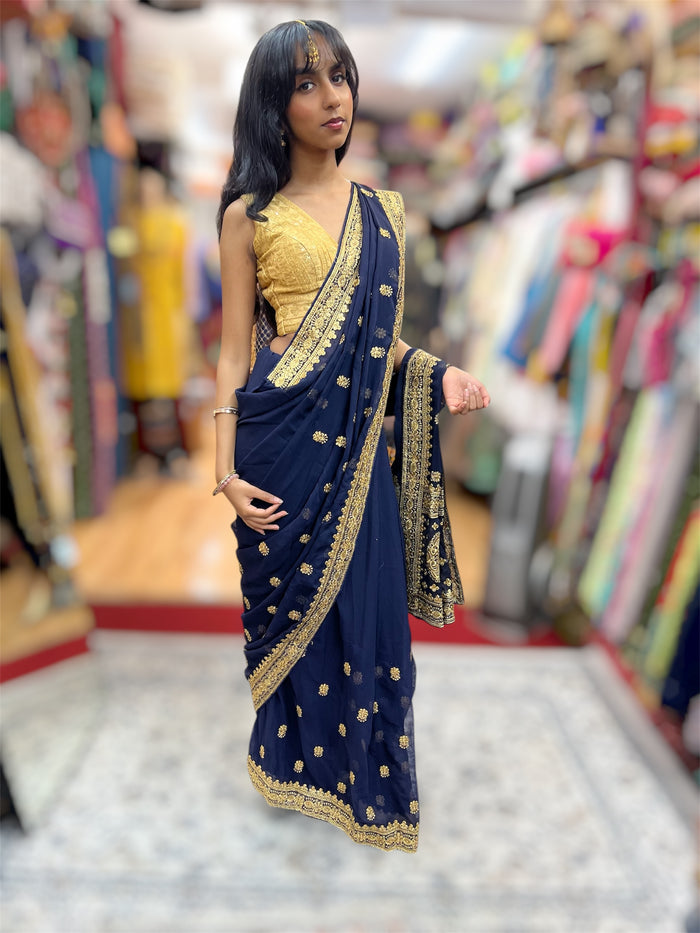 Silk Georgette Embroidered Navy Blue Pleated Saree